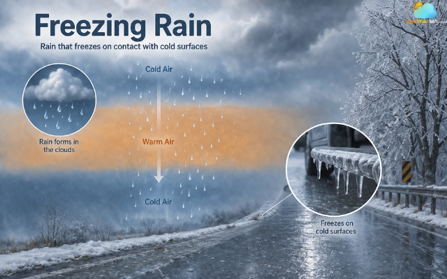 Freezing rain remains liquid while falling until reaching the ground