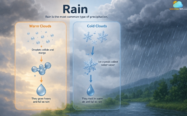 Rain is the most common type of precipitation