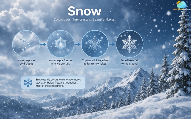 Snow is common when temperatures drop below freezing