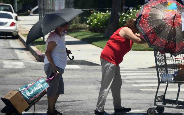 People use umbrellas to stay cool under the extreme heat