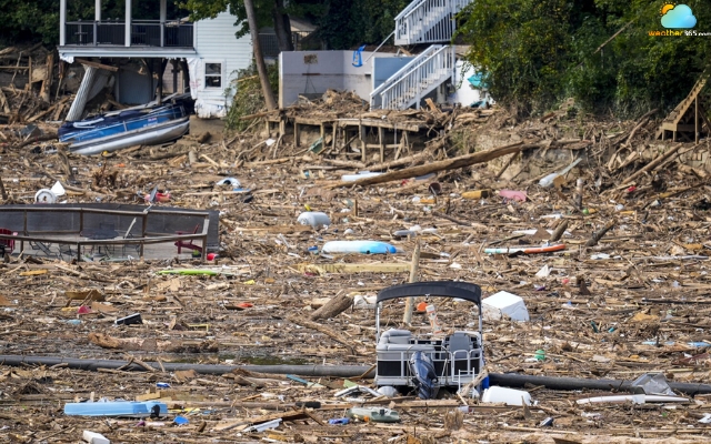 The lake is covered with debris following Hurricane Helene
