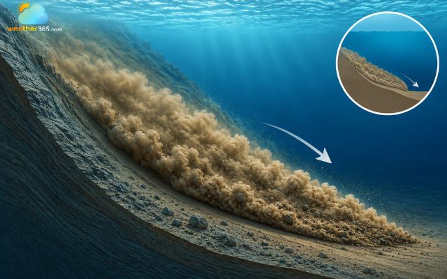 A turbidity current is a fast-moving underwater flow