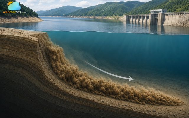 Accumulated sediment collapses and creates turbidity currents
