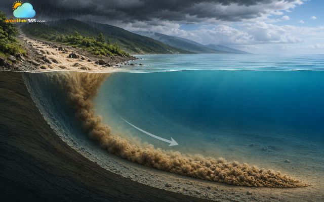 A hyperpycnal plume often forms after storms