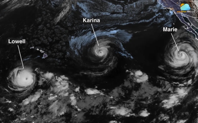 Satellite image of hurricanes Lowell, Karina, and Marie on Friday, Sep 4, 2026