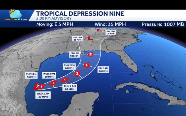Tropical Depression Nine is forecast to pass north of the Yucatán Peninsula on Thursday