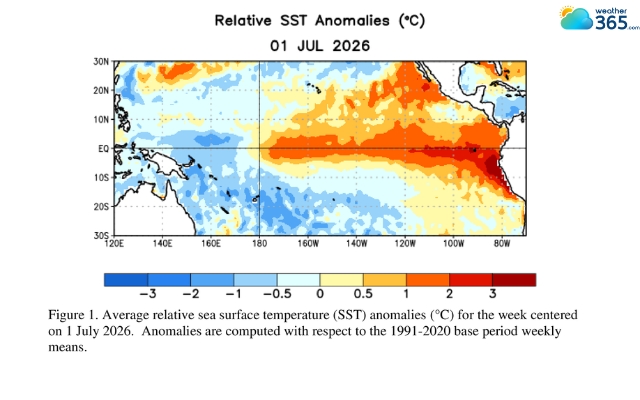 Average relative sea surface temperature on 1 July 2026