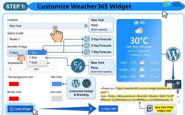 Step 1: Create a Weather365 widget and copy the HTML code