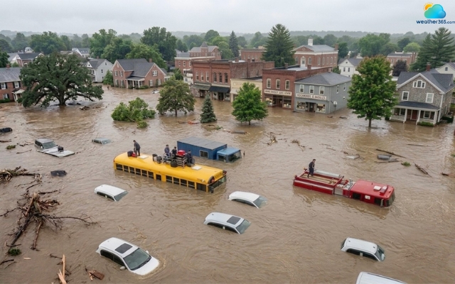 Floodwaters cover several yards in Crooksville, Ohio, on Aug. 12, 2026