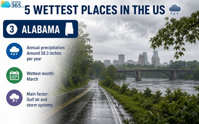 Alabama experiences frequent rainfall throughout the year
