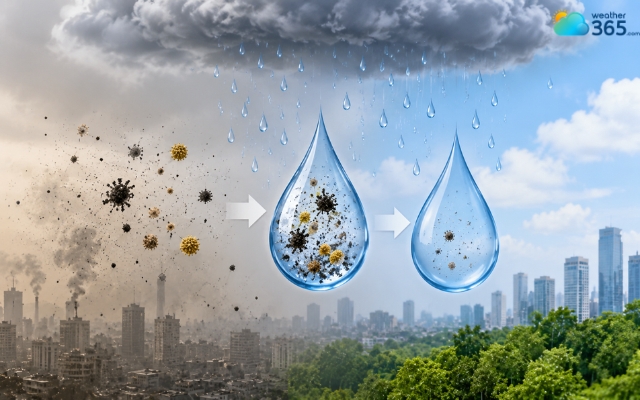Scavenging effect occurs when falling raindrops collide with airborne particles