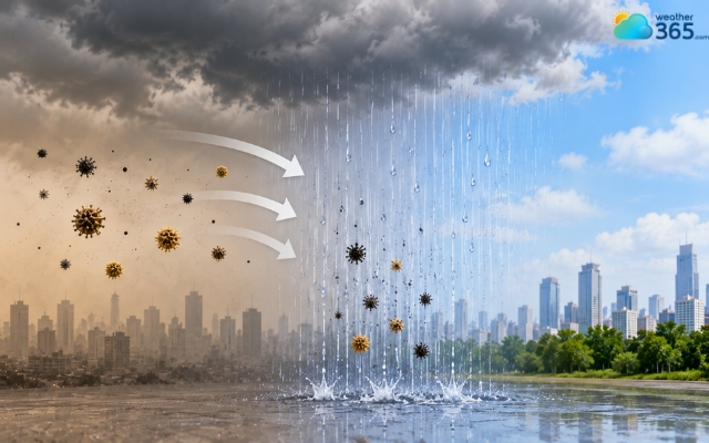 Rain sweeps up particles and gases