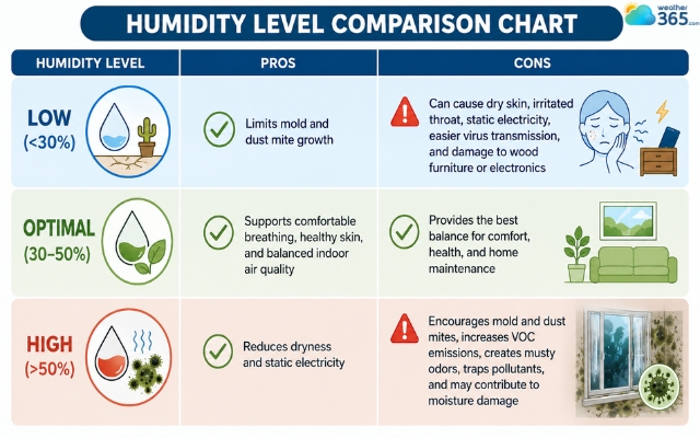 The ideal indoor humidity level is between 30% and 50%