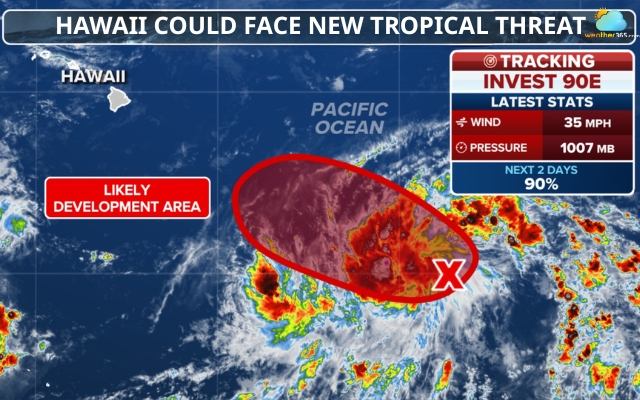 Satellite imagery shows Invest 90E developing over the Central Pacific