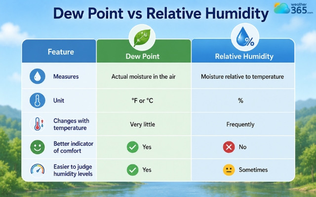 Dew point vs relative humidity difference