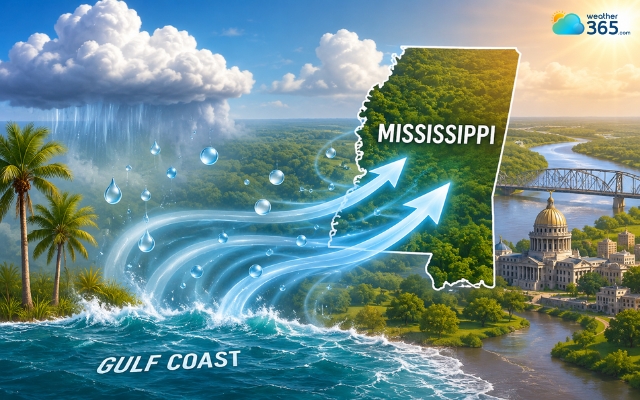 Mississippi receives moist air from the nearby Gulf Coast