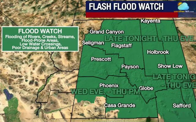 A flash flood watch is issued for much of Arizona
