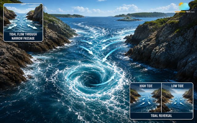 Tidal currents are the main cause of a whirlpool