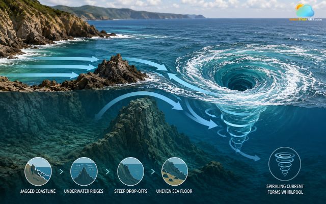 Shape of the coastline is crucial to whirlpool formation
