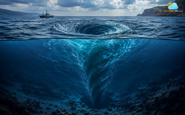 A deep whirlpool occurs below the ocean