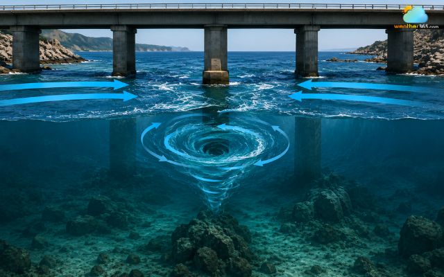 Obstacles in the water also cause whirlpool formation