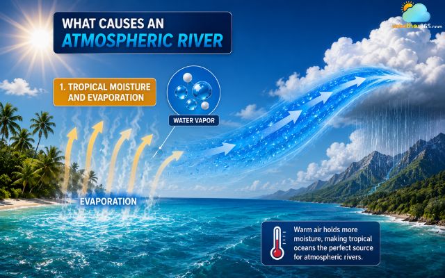 Evaporation over warm tropical oceans causes an atmospheric river