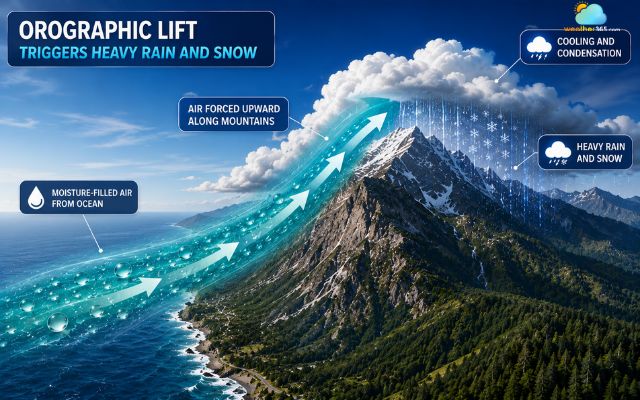 Moisture-filled air forces upward along the slopes
