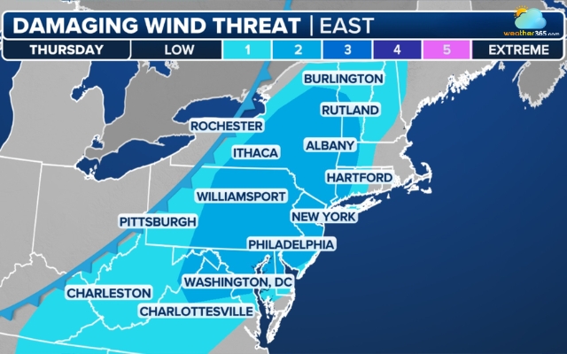 Risk of damaging winds and isolated tornadoes across parts of the Northeast.