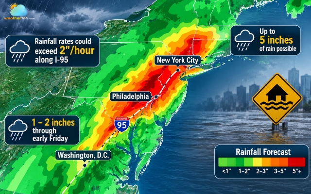 Heavy rain raises the risk of flash flooding across parts of the Northeast