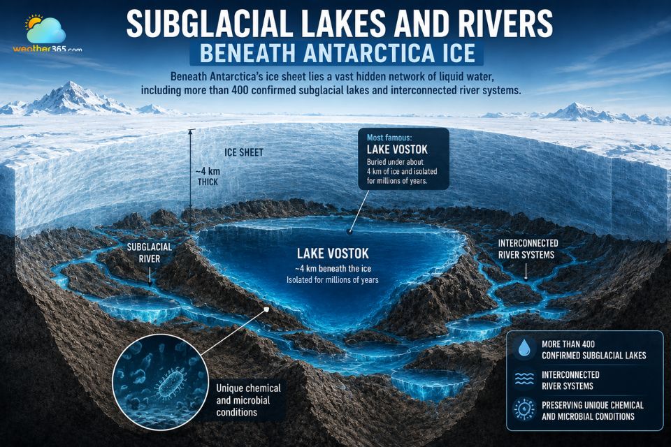 Subglacial lakes and rivers beneath Antarctica ice