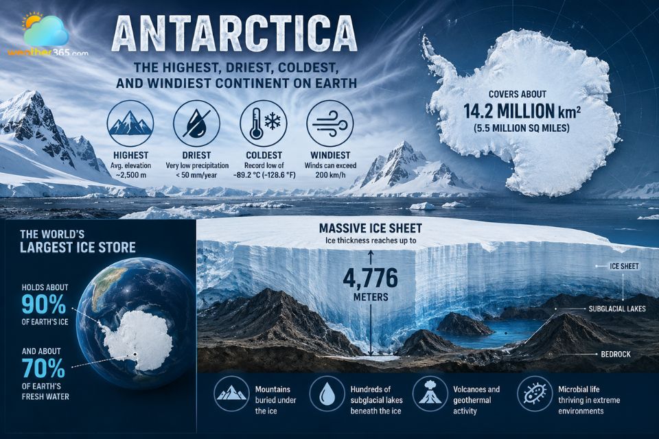 Antarctica is the highest, driest, coldest, and windiest continent on Earth